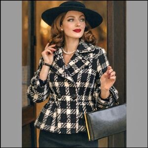 Love Stitch Plaid Checkered Peplum Tailored Coat Jacket Retro Classic